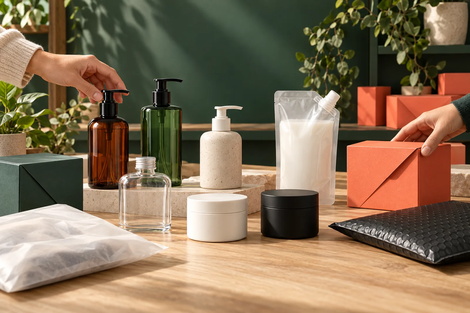 Packaging samples arranged in a creative studio workspace